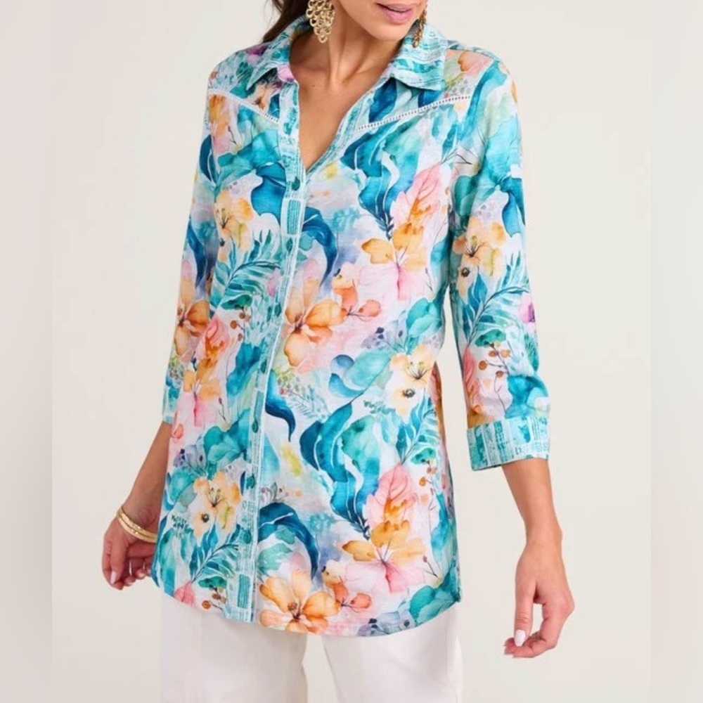 Soft Surroundings Teal Multi Floral Collared Tunic Top 2X